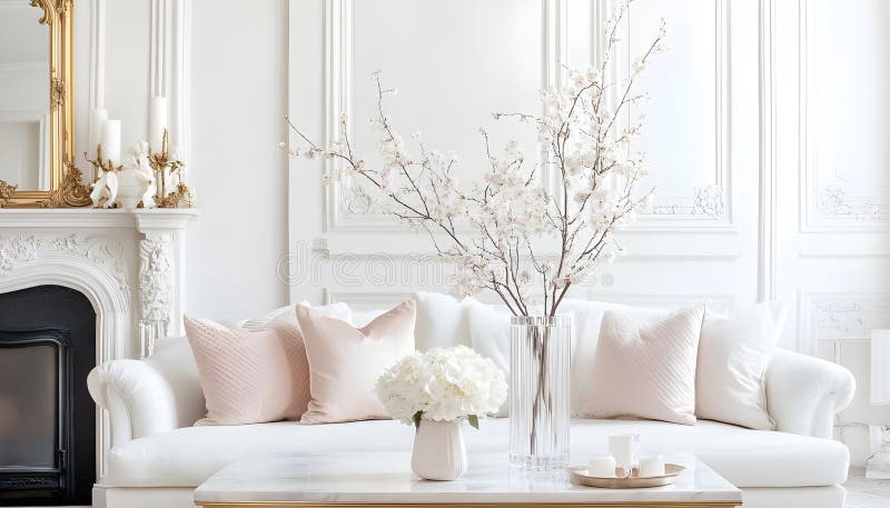 English style cottage interior in romantic colours, delicate patterns, vintage furnishings, evoking the timeless charm stock photography