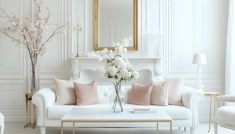 English style cottage interior in romantic colours, delicate patterns, vintage furnishings, evoking the timeless charm stock photos