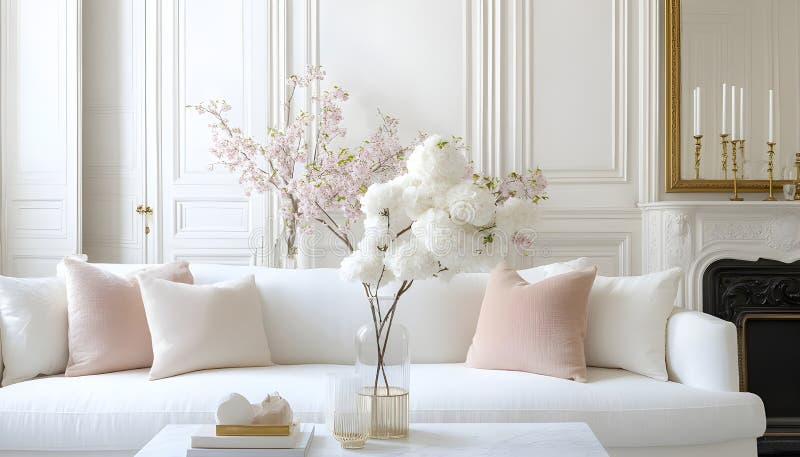 English style cottage interior in romantic colours, delicate patterns, vintage furnishings, evoking the timeless charm stock image