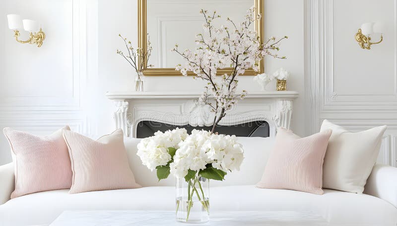 English style cottage interior in romantic colours, delicate patterns, vintage furnishings, evoking the timeless charm stock photos