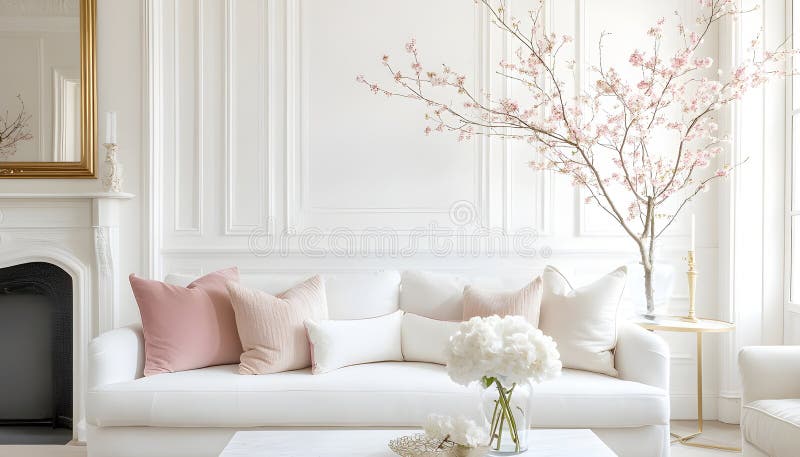 English style cottage interior in romantic colours, delicate patterns, vintage furnishings, evoking the timeless charm stock photography