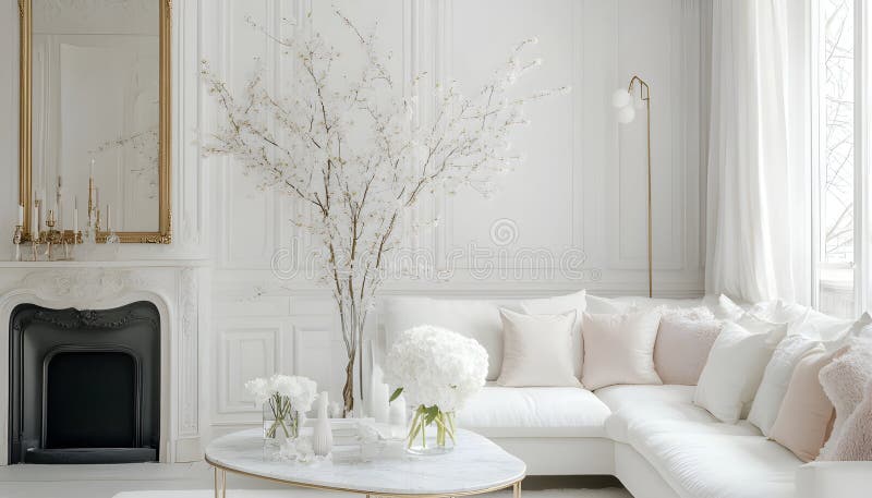 English style cottage interior in romantic colours, delicate patterns, vintage furnishings, evoking the timeless charm royalty free stock photo