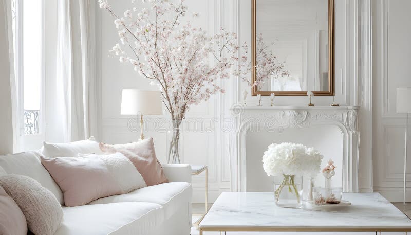 English style cottage interior in romantic colours, delicate patterns, vintage furnishings, evoking the timeless charm stock image