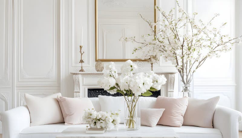 English style cottage interior in romantic colours, delicate patterns, vintage furnishings, evoking the timeless charm royalty free stock photos