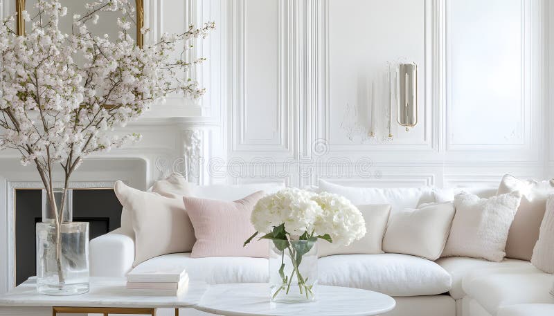 English style cottage interior in romantic colours, delicate patterns, vintage furnishings, evoking the timeless charm royalty free stock images