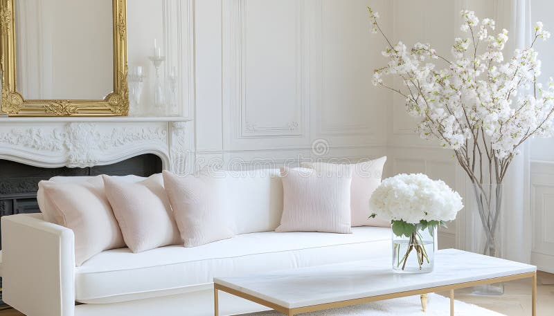 English style cottage interior in romantic colours, delicate patterns, vintage furnishings, evoking the timeless charm stock images