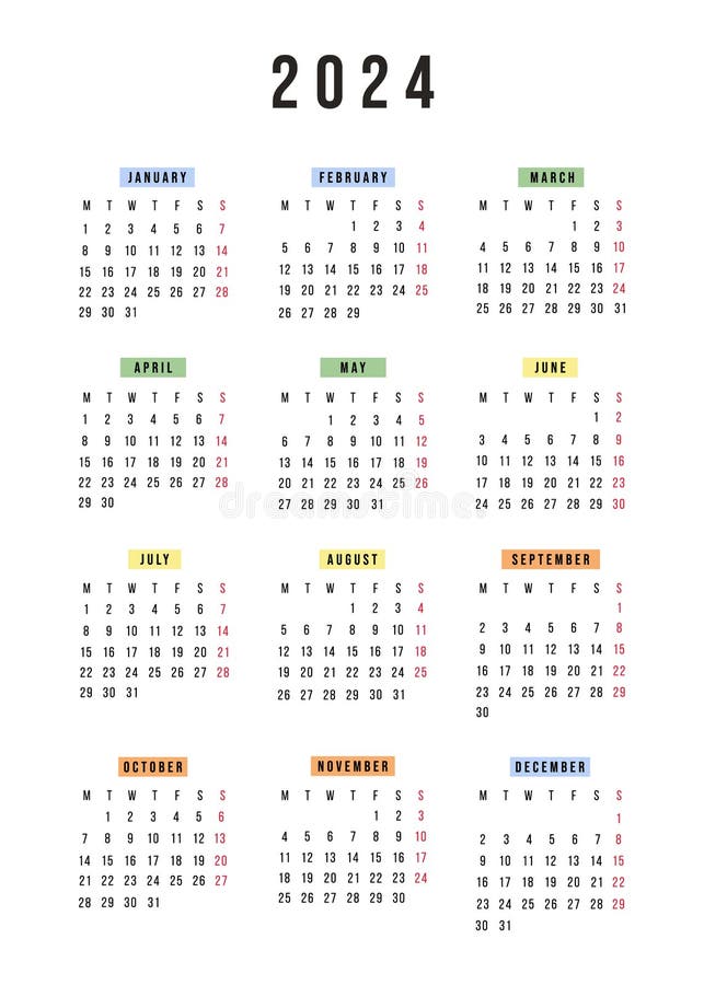 English Calendar 2024 Year. Vector Horizontal Stationery Calendar Week