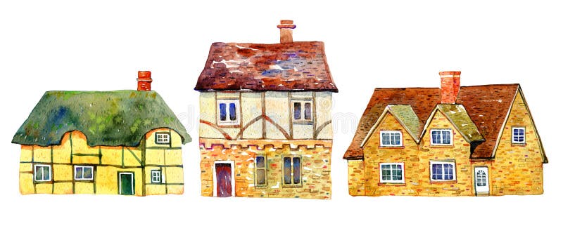 English village buildings separated in row. Watercolor old stone europe houses. Hand drawn illustration vector illustration English village buildings separated in row. Watercolor old stone europe houses. Hand drawn illustration vector illustration