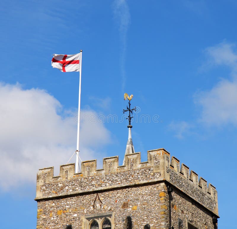 English Village Church Tower with Flag