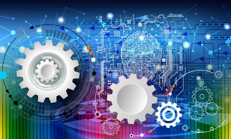 Industrial Cogs Gears mind circuit Banner Background with colorful rainbow lighting effect. Digital technology, futuristic circuit, blue circle lightning electricity abstract background vector illustration. Industrial Cogs Gears mind circuit Banner Background with colorful rainbow lighting effect. Digital technology, futuristic circuit, blue circle lightning electricity abstract background vector illustration.