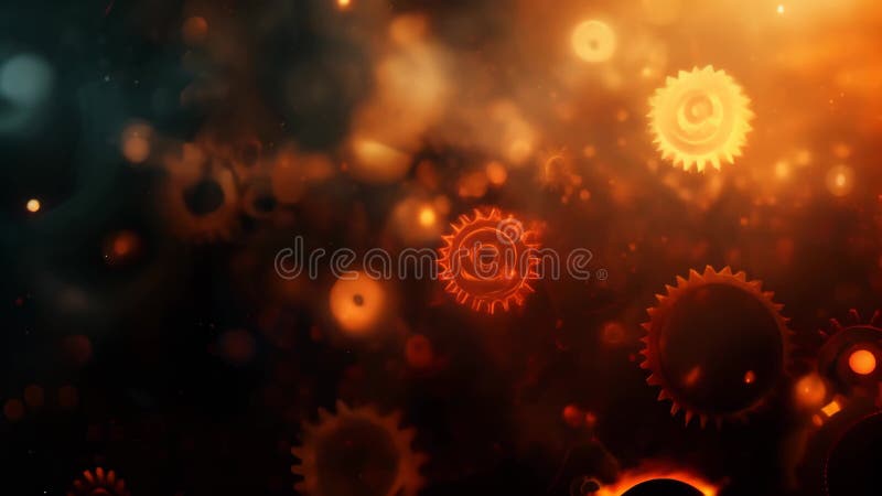 Engranajes naranja brillante flotando en un ambiente abstracto oscuro. el concepto de ingeniería mecánica industrial y el stock de ilustración