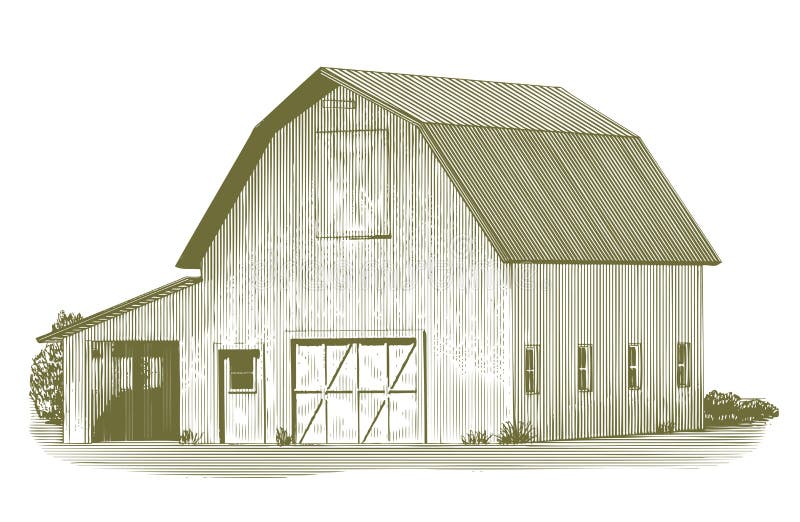 Engraved-style illustration of an old barn. Engraved-style illustration of an old barn.