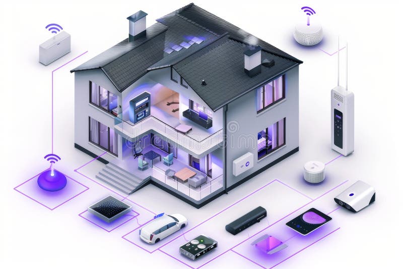 Să îmbunătățească securitatea la domiciliu cu senzori moderni eficienți de configurare a televizoarelor, cu camere inteligente, cu vector illustration