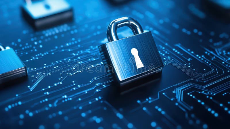 Enhanced digital security, circuit board padlock symbolizing data protection and encryption vector illustration