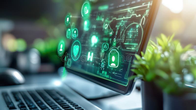 Enhanced laptop security, visualizing data protection with a green lock graphic for cybersecurity stock illustration
