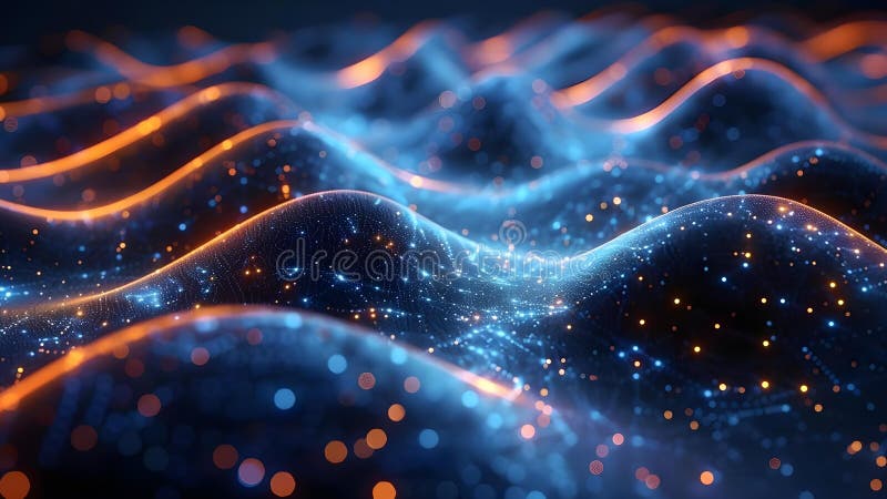 Vizualizare audio îmbunătățită : experiență futuristă și abstractă cu particule de date în rețea neurală stock illustration