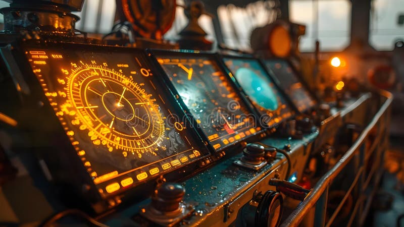 Ecranul radar îmbunătățit îmbunătățește vizibilitatea pe puntea de comandă pentru navele cu iluminare redusă pentru îmbunătățirea stock illustration