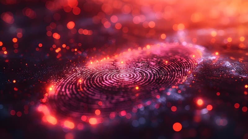 Un sistem de securitate îmbunătățit, care utilizează tehnologia amprentelor digitale pe un fundal neon. amprentă conceptuală vector illustration