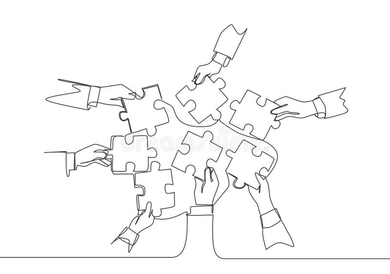 Enige ononderbroken lijntekening van mannelijke en vrouwelijke leden van het bedrijfsteam verenigt puzzelstukken samen aan één als Enige ononderbroken lijntekening van mannelijke en vrouwelijke leden van het bedrijfsteam verenigt puzzelstukken samen aan één als