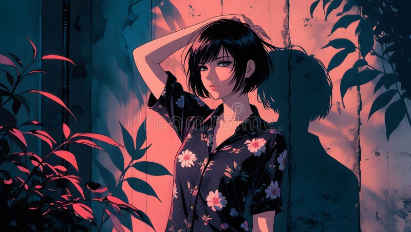 Enigmatic Anime Girl with Floral Shirt in Neonlit Urban Setting vektor illustrationer