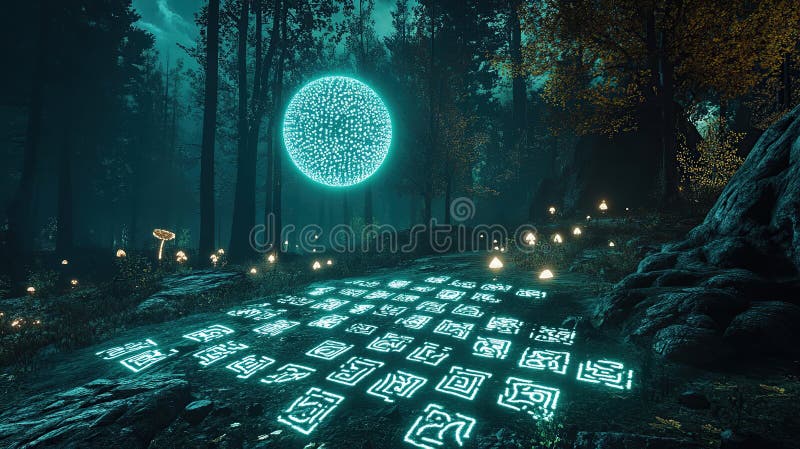Enigmatic Forest Path, Glowing Moon, Night, Magic, Game royalty free stock photos