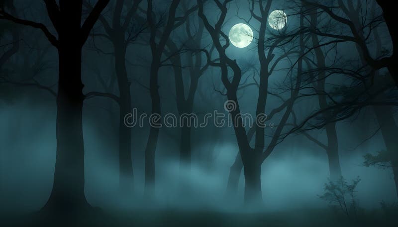 Enigmatic Moonlight in the Foggy Forest: A Mystical Night Scene vector illustration
