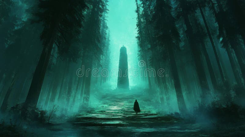 Enigmatic Tower in a Dark Forest at Night stock illustration