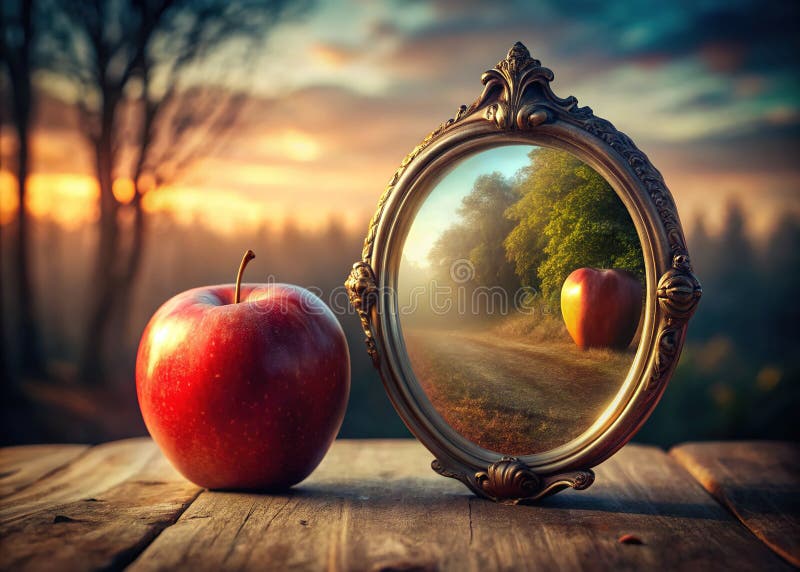 Enigmatisk Surreal Apple Reflection in Antique Mirror A Dreamlike still Life with stunnning Detail and Depth of Field vektor illustrationer