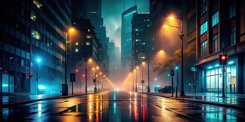 Enigmática Niebla Rodeada de la calle de la ciudad por la noche una misteriosa escena nocturna urbana ilustración del vector