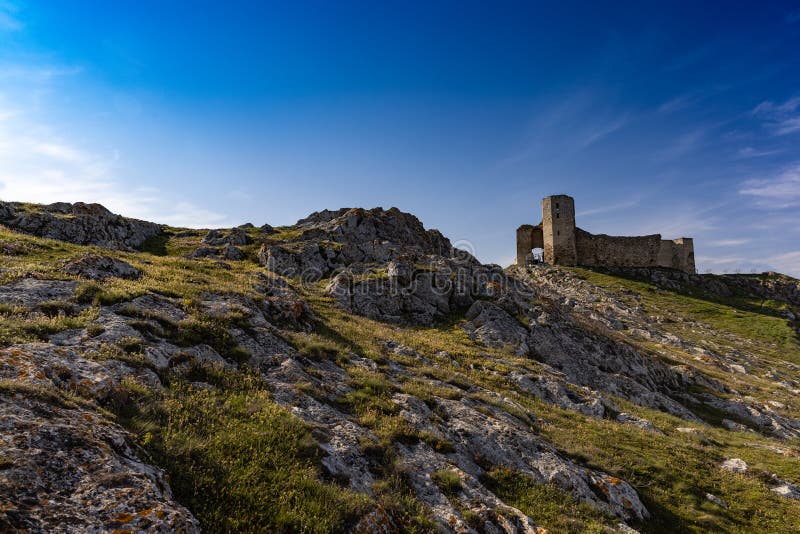 The Enisala Fortress is a medieval fortress sitting high on a hillin Tulcea County, Dobrodja, Romania