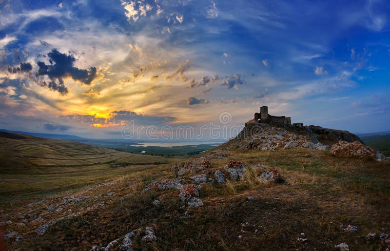 Landscape with Enisala fortress at sunset, Dobrogea, Romania