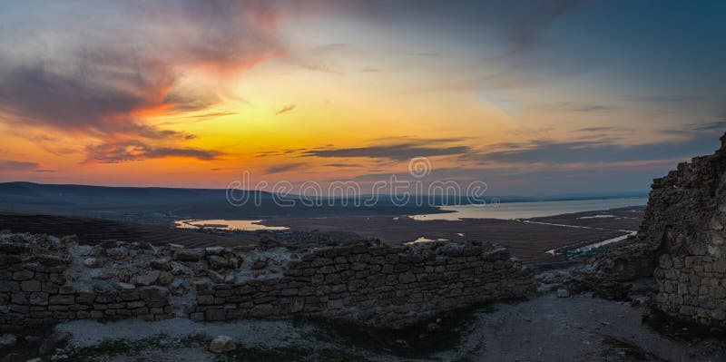 enisala fortress sunset view ruins apus orange stone pano panoramic multiple exposure tripod nikon d610 sigma 70 tulcea