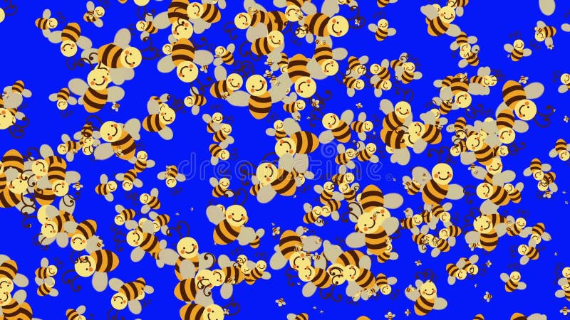 Enjambre de las abejas lindas de la historieta que vuelan alrededor en una pantalla azul