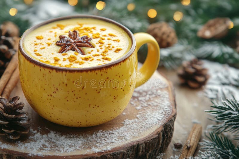 Enjoy a cozy golden turmeric latte this winter, with a rustic banner featuring warming winter elements royalty free stock photos