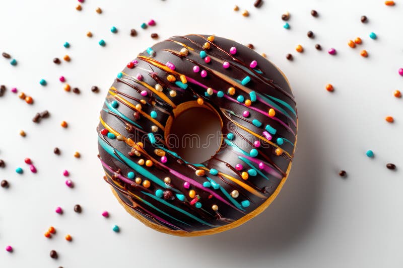 Indulgent Chocolate Donut Adorned With Vibrant Glaze and Colorful Sprinkles on a Clean White Surface royalty free stock images