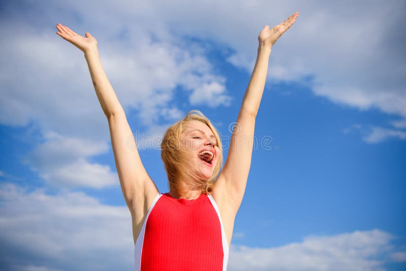Enjoy life without sweat smell. Woman blonde relaxing outdoors confident perspirant. Take care skin armpit. Dry armpit royalty free stock image Enjoy life without sweat smell. Woman blonde relaxing outdoors confident perspirant. Take care skin armpit. Dry armpit royalty free stock image