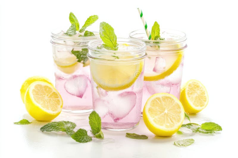 Enjoy refreshing rose lemonade in clear jars with lemon slices and mint leaves on a white background royalty free stock images