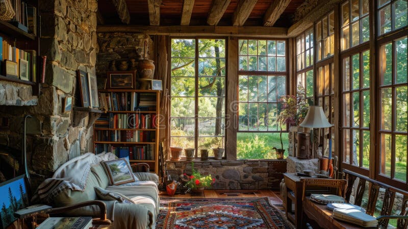 Enjoy the rustic charm of a stone cottage with a cozy interior and panoramic lake view AIG59 royalty free stock photo