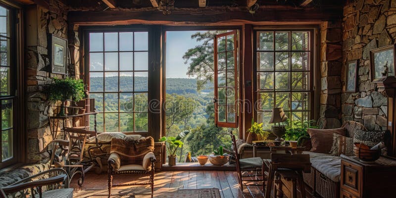 Enjoy the rustic charm of a stone cottage with a cozy interior and panoramic lake view AIG59 royalty free stock photography