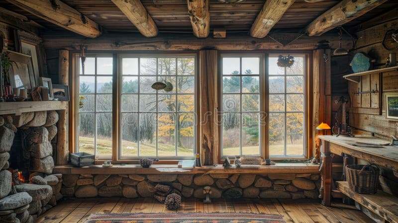 Enjoy the rustic charm of a stone cottage with a cozy interior and panoramic lake view AIG59 stock photo