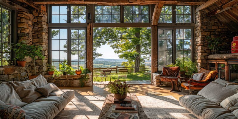 Enjoy the rustic charm of a stone cottage with a cozy interior and panoramic lake view AIG59 stock photography