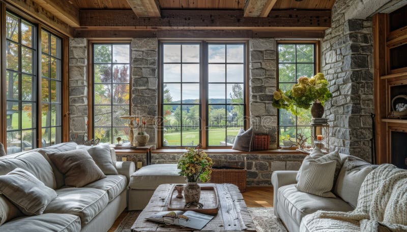 Enjoy the rustic charm of a stone cottage with a cozy interior and panoramic lake view AIG59 royalty free stock images