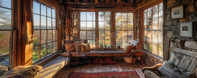 Enjoy the rustic charm of a stone cottage with a cozy interior and panoramic lake view AIG59 royalty free stock photos