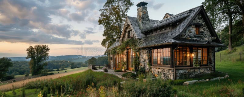 Enjoy the rustic charm of a stone cottage with a cozy interior and panoramic lake view AIG59 royalty free stock photography