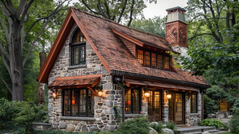 Enjoy the rustic charm of a stone cottage with a cozy interior and panoramic lake view AIG59 stock image