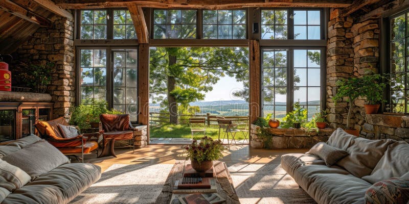 Enjoy the rustic charm of a stone cottage with a cozy interior and panoramic lake view AIG59 royalty free stock photography