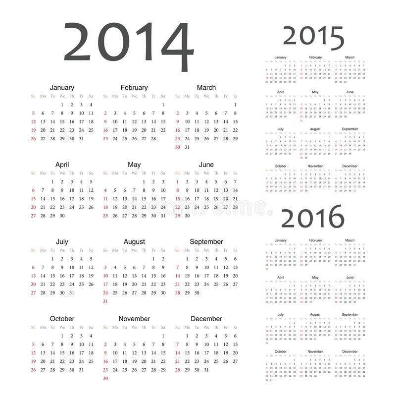 Europé 2014, 2015, 2016 år vektorkalendrar stock illustrationer Europé 2014, 2015, 2016 år vektorkalendrar stock illustrationer
