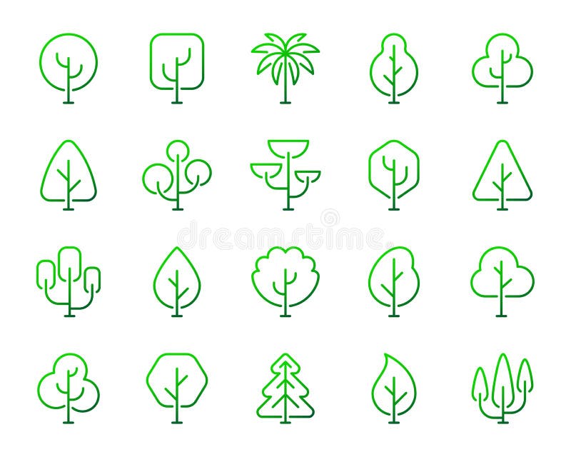 Enkel färglinje symbolsvektoruppsättning för geometriska träd stock illustrationer Enkel färglinje symbolsvektoruppsättning för geometriska träd stock illustrationer