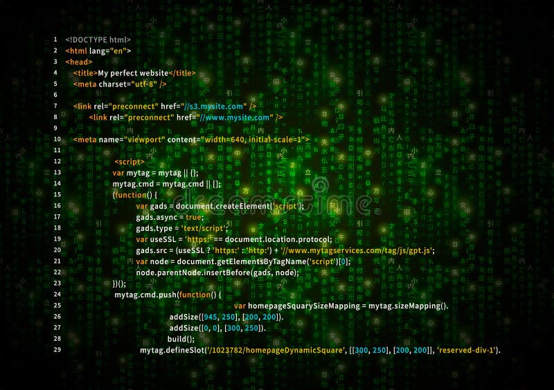 Enkel HTML-kod på gröna matrissymboler, digital binär kod på mörker, teknologibakgrund stock illustrationer Enkel HTML-kod på gröna matrissymboler, digital binär kod på mörker, teknologibakgrund stock illustrationer
