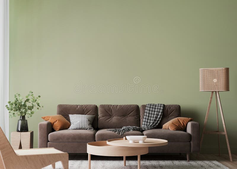 Enkel, modern, invändig brun sofa på grön väggbakgrund vektor illustrationer